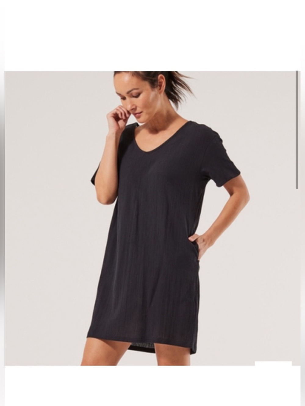 NWOT Pact Black Crinkle Woven Crush Easy Dress Sz M V Neck Shift Organic Cotton